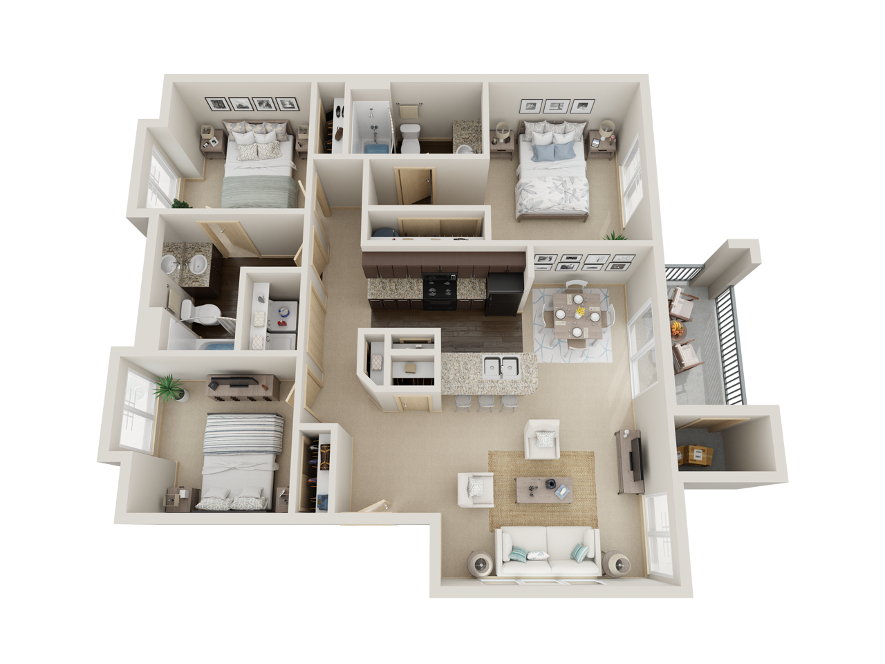 Floor plan for 3 beds, 2 baths, 1101 sqft